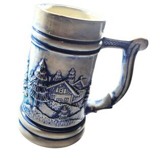 Vtg Mug Blue White Ceramic Stein Village Hays christmas winter cottagecore